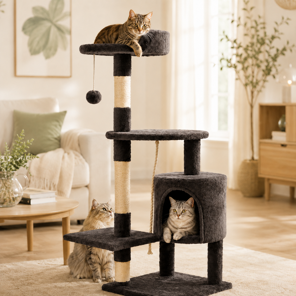 Arbre à Chat Multi-Niveaux en situation, à la maison