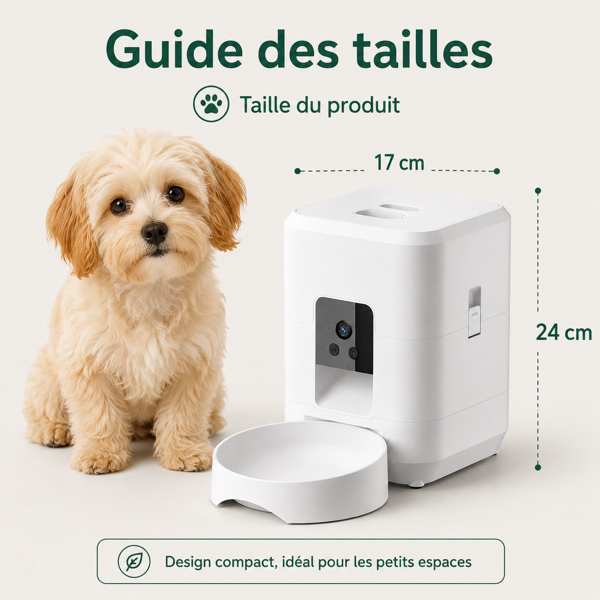 Distributeur Automatique de Croquettes avec Caméra et ses dimensions