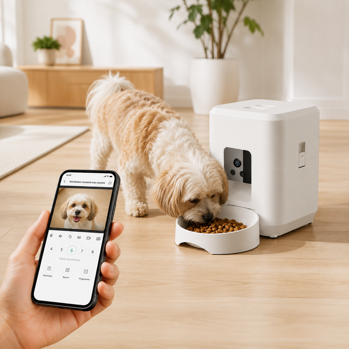 Distributeur Automatique de Croquettes avec Caméra en situation, à la maison