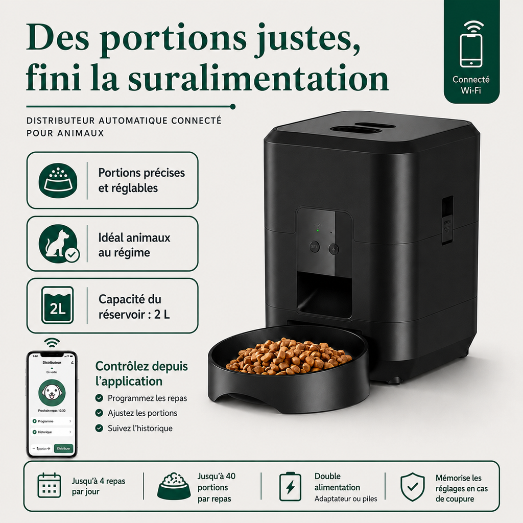 Distributeur Automatique de Croquettes Connecté — caractéristiques principales