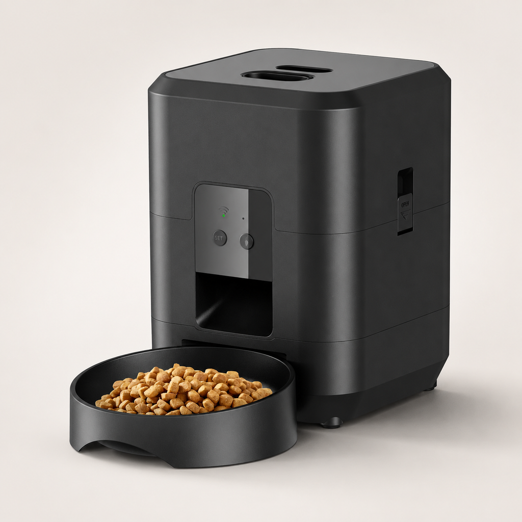 Distributeur Automatique de Croquettes Connecté, photo produit sur fond clair