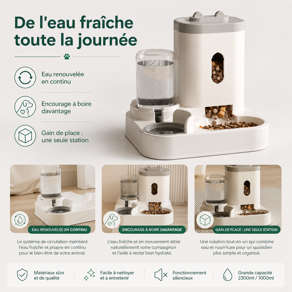 Distributeur de Croquettes avec Fontaine à Eau — bénéfices