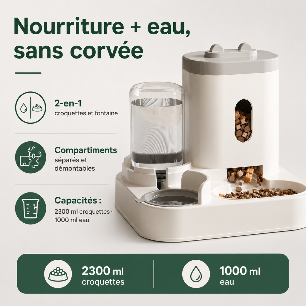 Distributeur de Croquettes avec Fontaine à Eau — caractéristiques principales