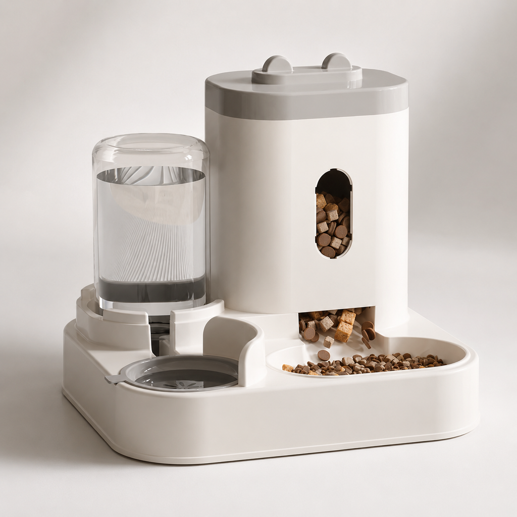 Distributeur de Croquettes avec Fontaine à Eau, photo produit sur fond clair