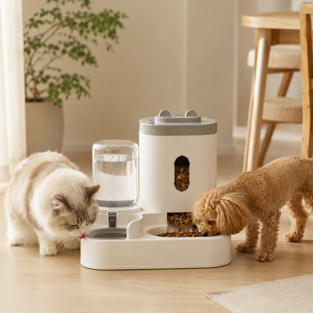 Distributeur de Croquettes avec Fontaine à Eau en situation, à la maison