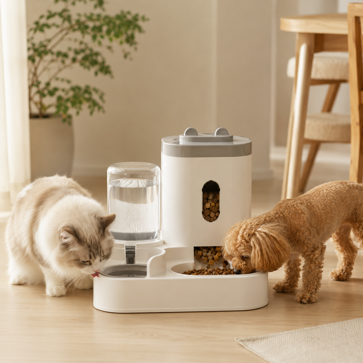 Distributeur de Croquettes avec Fontaine à Eau en situation, à la maison