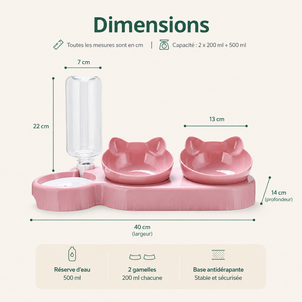 Gamelle 3-en-1 avec Distributeur d'Eau et ses dimensions