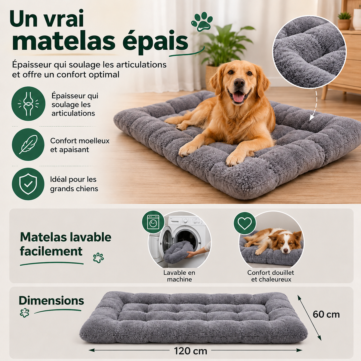 Grand Coussin Matelas pour Chien — caractéristiques principales
