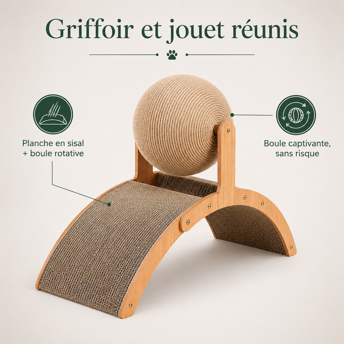 Griffoir Boule 2-en-1 en Bois & Sisal — caractéristiques principales