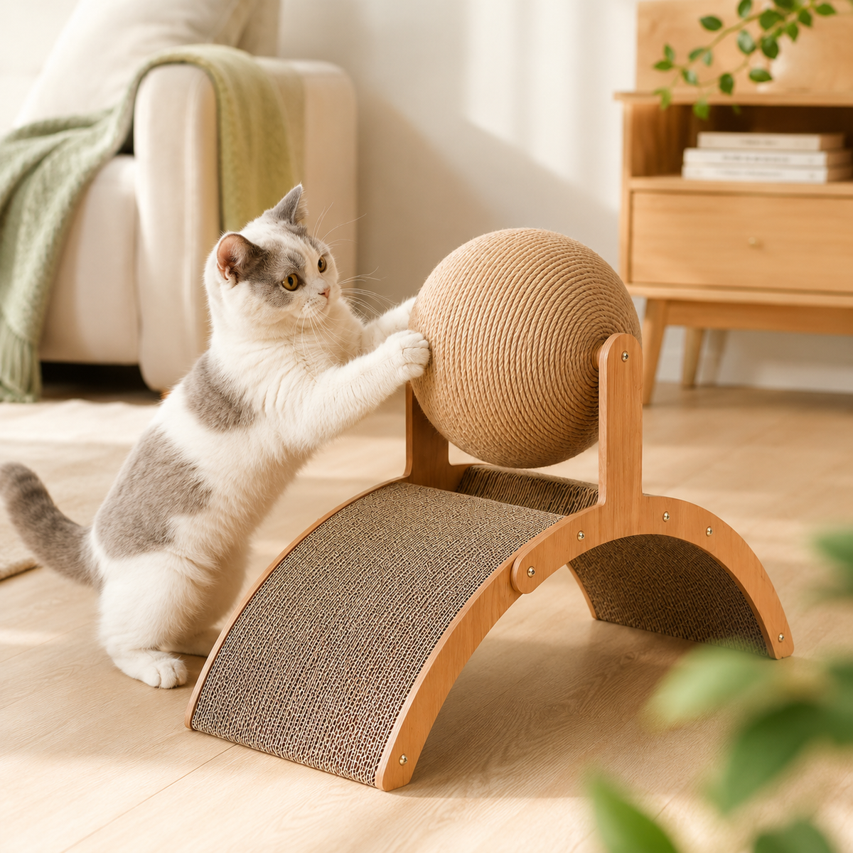 Griffoir Boule 2-en-1 en Bois & Sisal en situation, à la maison