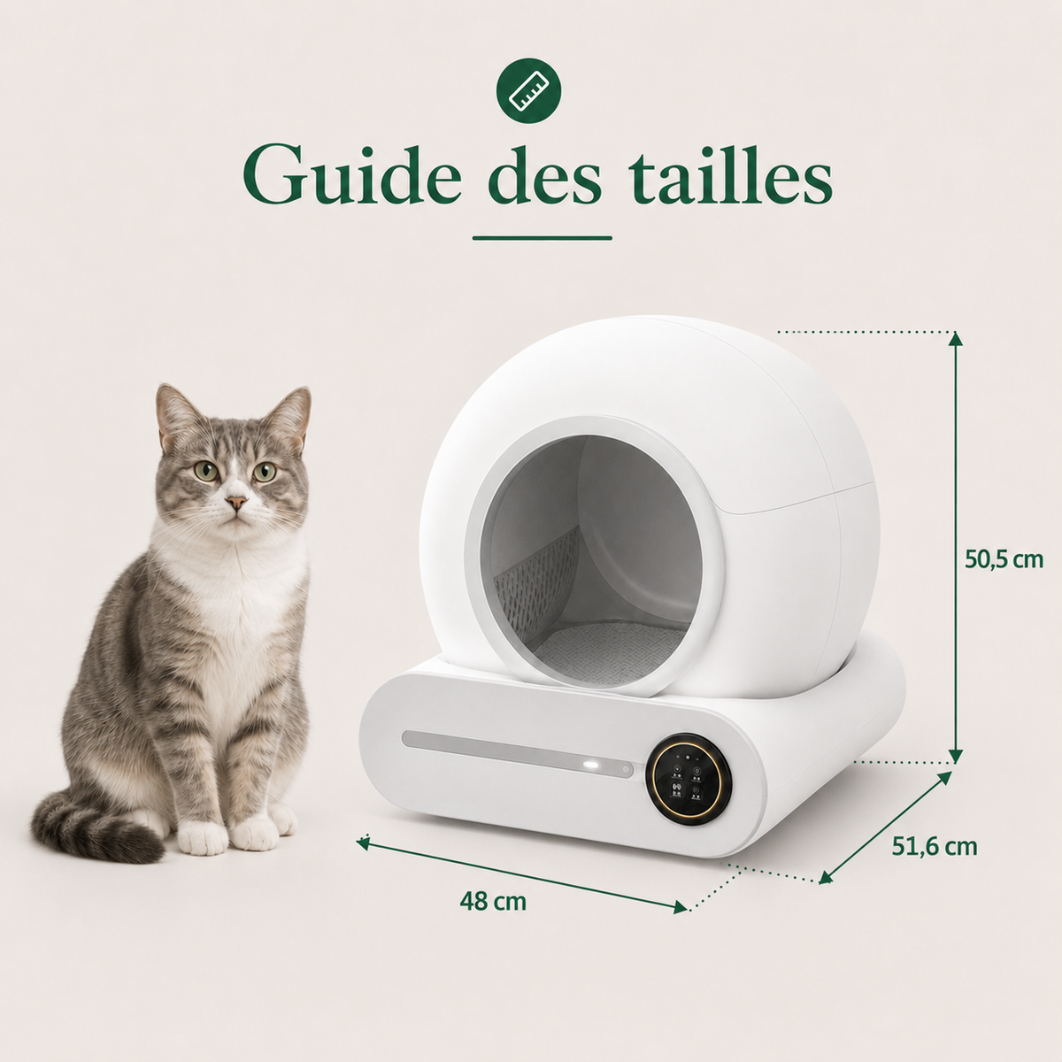 Litière Automatique Connectée pour Chat et ses dimensions