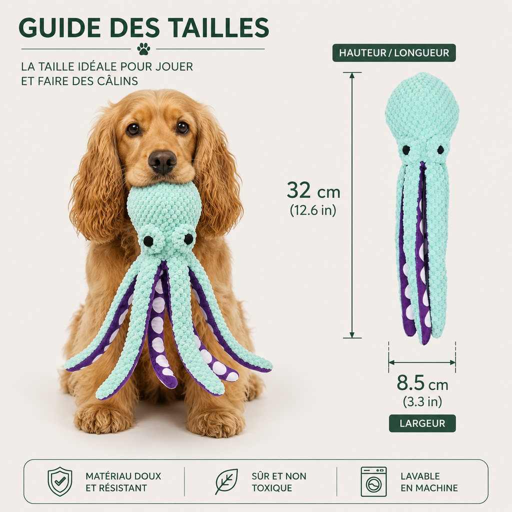Peluche Pieuvre Sonore pour Chien et ses dimensions