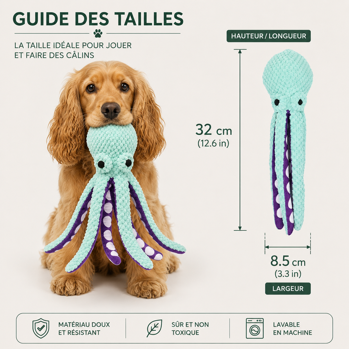 Peluche Pieuvre Sonore pour Chien et ses dimensions
