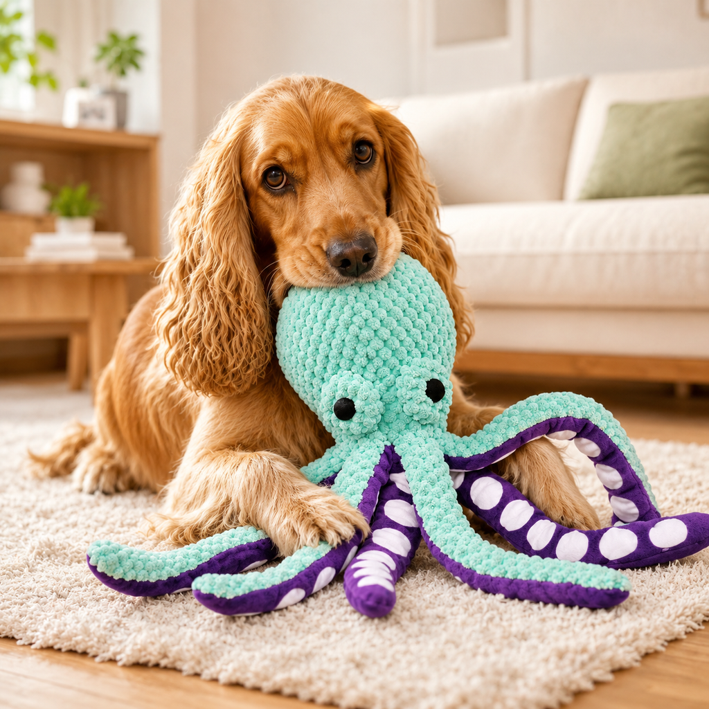 Peluche Pieuvre Sonore pour Chien en situation, à la maison